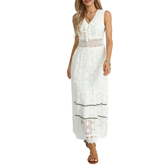 Musuos Women Bohemian Sleeveless Dress Summer Lace Patchwork Party Long Dress for Cocktail Beach Club Streetwear