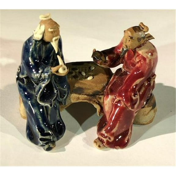 Bonsai Boy e3397 3 in. Ceramic Figurine - Two Men Sitting On A Bench Playing Chess, Blue & Red