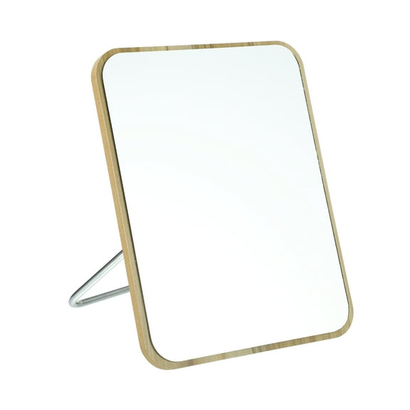 Unique Bargains Natural Wooden Makeup Mirror Foldable Square Makeup Desktop Stand Mirror for Women Beige 6.42"x8.27"