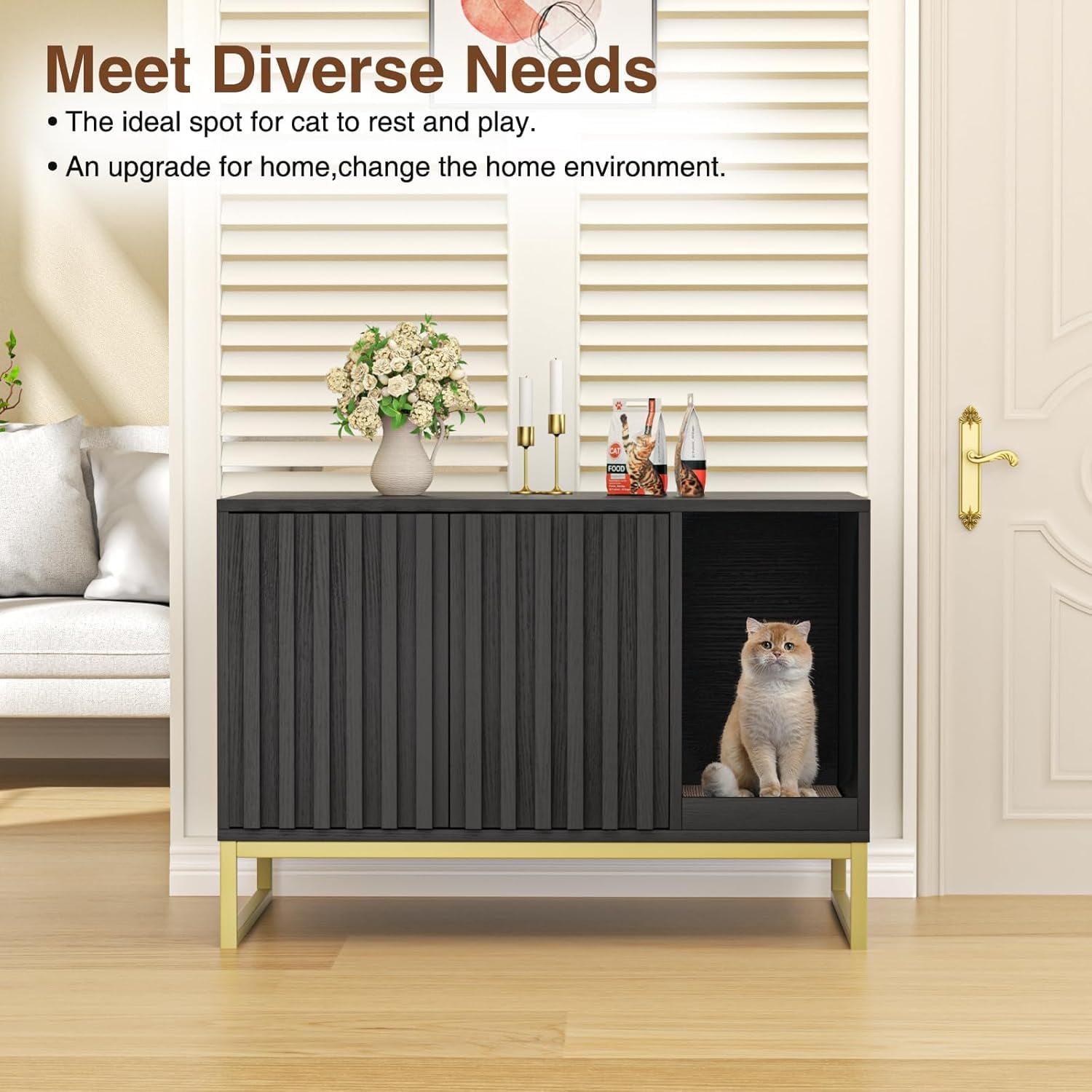 Vabches Hidden Cat Litter Box Enclosure Furniture, Multi-Functional Cat Washroom Bench with Cat Scratching Pad and Fluted Doors