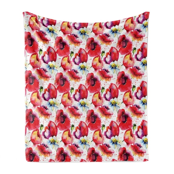 Poppy Flower Soft Flannel Fleece Throw Blanket, Colorful Combined Mixed Poppy Petals Pattern Spring Garden Theme Paint Effect, Cozy Plush for Indoor and Outdoor Use, 60" x 80", Blue Red, by Ambesonne