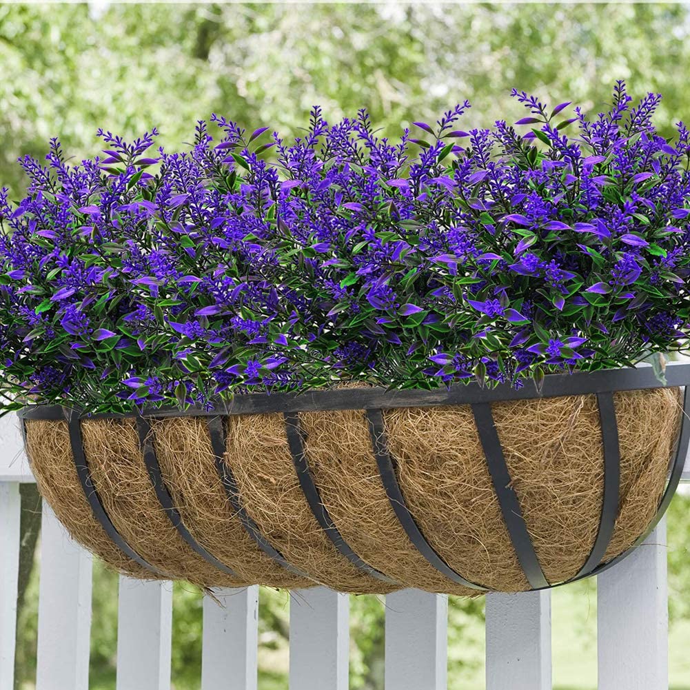 10 Bundles Artificial Lavender Flowers Outdoor Fake Plants Faux Plastic UV Resistant Flowers for Home Garden Porch Window Box and Cemetary Grave Decorations (10, Purple)