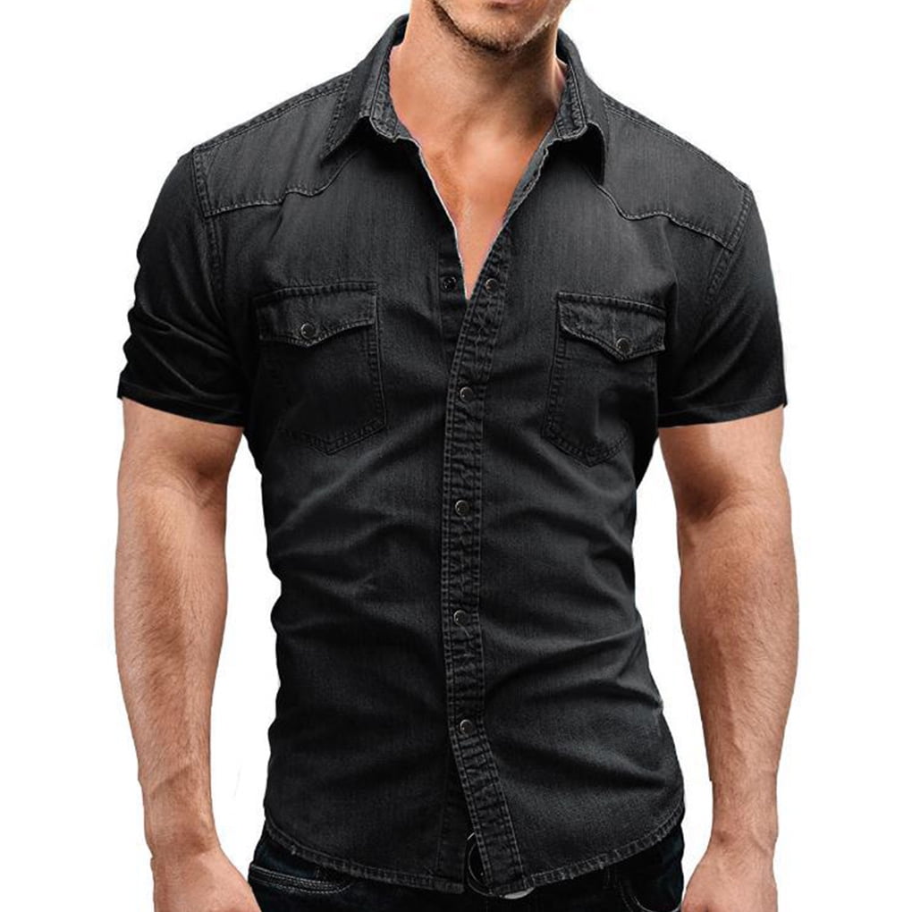 Black denim shirt short sleeve deals
