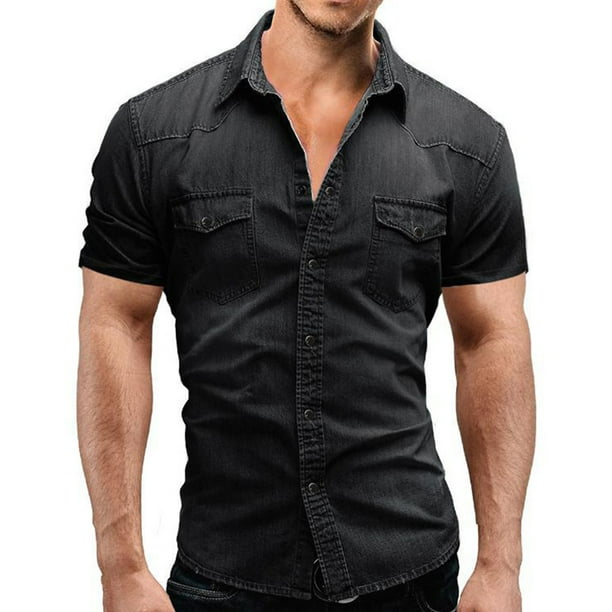 Sonducket Camisa vaquera fina para hombre, pantalones vaqueros elásticos  suaves y delgados, camiseta de manga corta con cierre de botones, Camisetas 