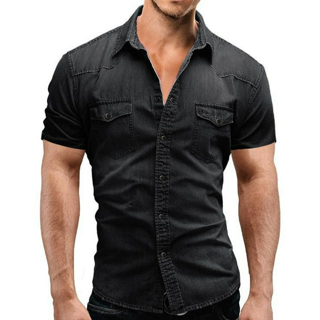 Qarigey Camisa vaquera fina para hombre, pantalones vaqueros ajustados suaves con bolsillos, manga corta, estilo americano, cierre de Camisetas Gris oscuro SG