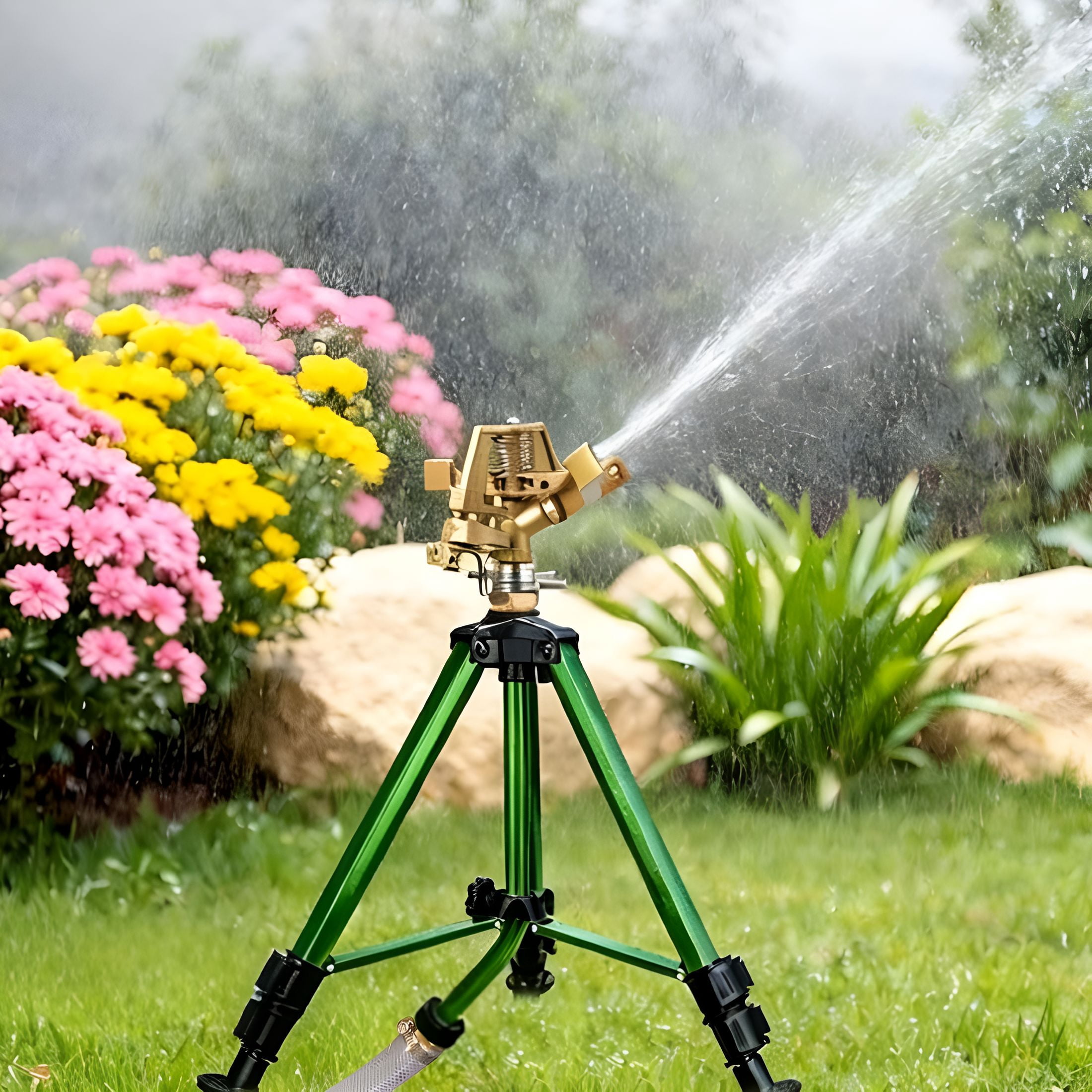 HIBIBUD Impact Sprinkler on Tripod Base,360° Adjustable Brass Sprinkler Head with Stakes,Heavy Duty Metal Tripod Lawn Sprinkler for Large Area Lawn,Yard&Garden Irrigation,1 Pack