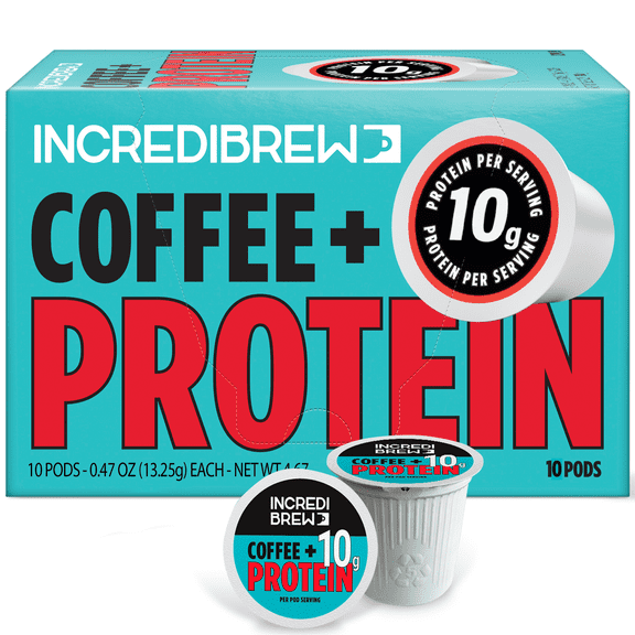 Incredibrew Protein Coffee Pods, 10g Protein, Medium-Dark Roast, Keurig-Compatible, 10 Count