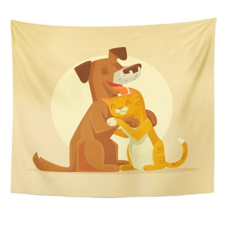 REFRED Pet Cat and Dog Characters Best Happy Friends Flat Cartoon Hug Love Kitten Wall Art Hanging Tapestry Home Decor for Living Room Bedroom Dorm 51x60 (Best Friend Hug Images)