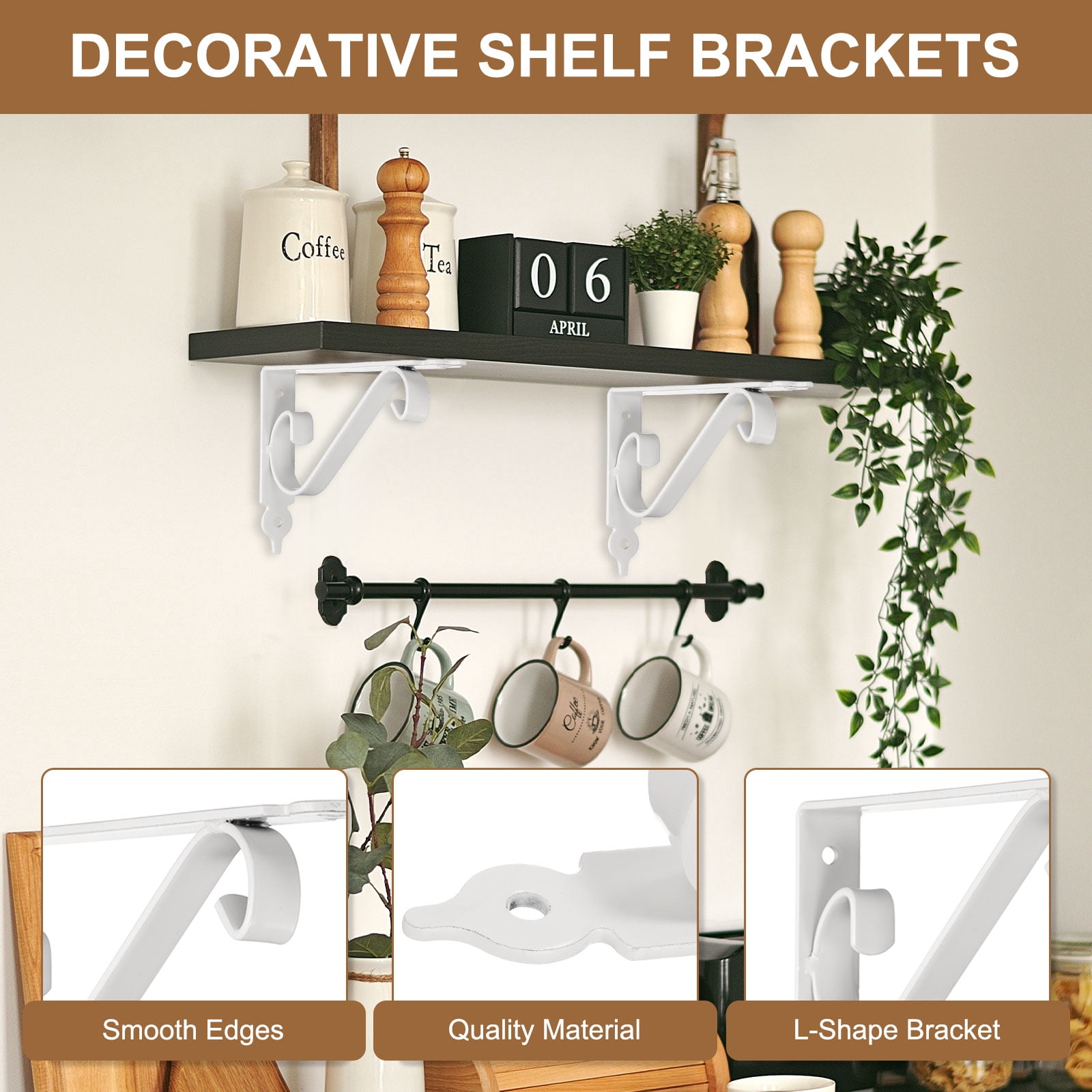 Uxcell 6 Pcs Decorative Shelf Brackets, 200mm/8 Inch Heavy Duty Floating Shelf Brackets for Wall Bookshelves Shelves Support, White