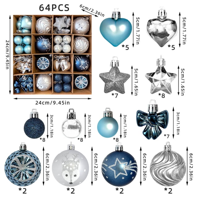 Bola Decorativa Juego de 64 adornos navideños para árbol con lazos, ciervos y corazones para decoración navideña. Rkxzt