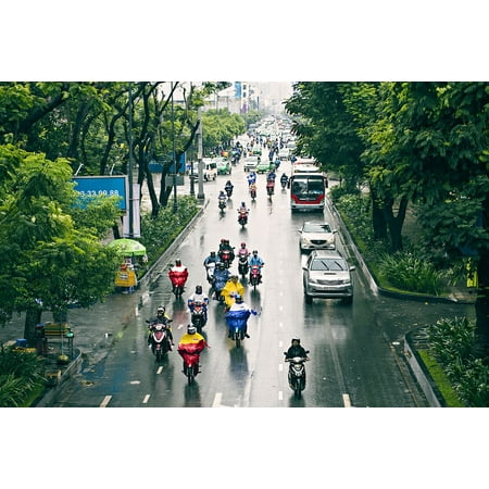 Canvas Print Traffic Road Saigon Wet Rain Motorcycle Urban Stretched Canvas 10 x