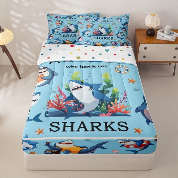 Homewish Blue Ocean Shark Zipper Twin Comforter Sets with Fitted Sheet and 2 Pillowcases, Kids Boys Girls Zipper Bedding Set, Polka Dots Reversible, 4-Piece