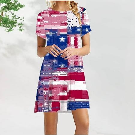 

Hvyesh Womens Summer Dresses 2023 Plus Size Party Midi Dress American Flag Print Crewneck Sundresses Short Sleeve Flowy Dresses Pink