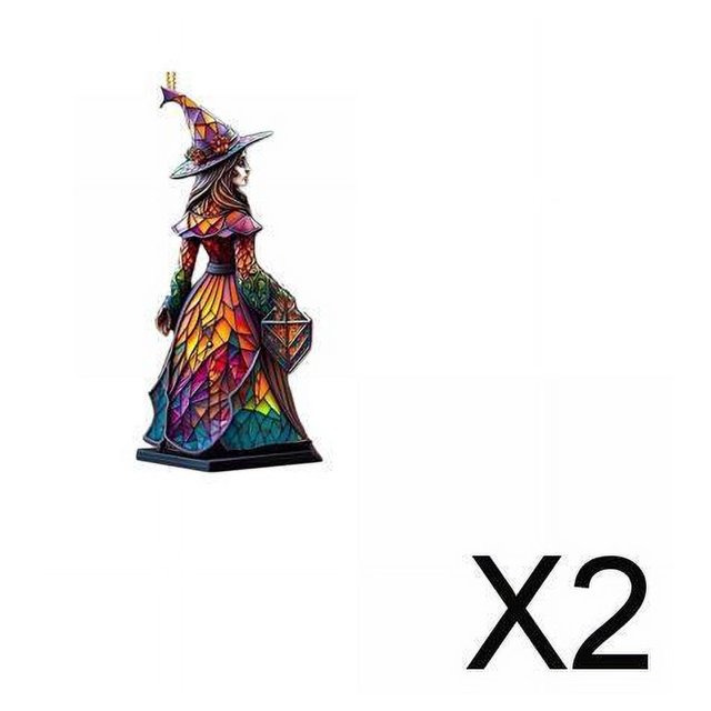 2xdiy colgador de de halloween, decoración de , decoración colgante creativa, colgador de puerta, adornos de halloween para patio, césped, , 2 2 piezas Colgante de acrílico de 9 cm con figura de bruja en perfil 3/4, vestido facetado en tonos naranja, morado y verde y base plana; paquete de 2 indicado con "X2"; reutilizable y apto para colgar en puertas, ventanas o espejos, ideal para decoración DIY o regalo.