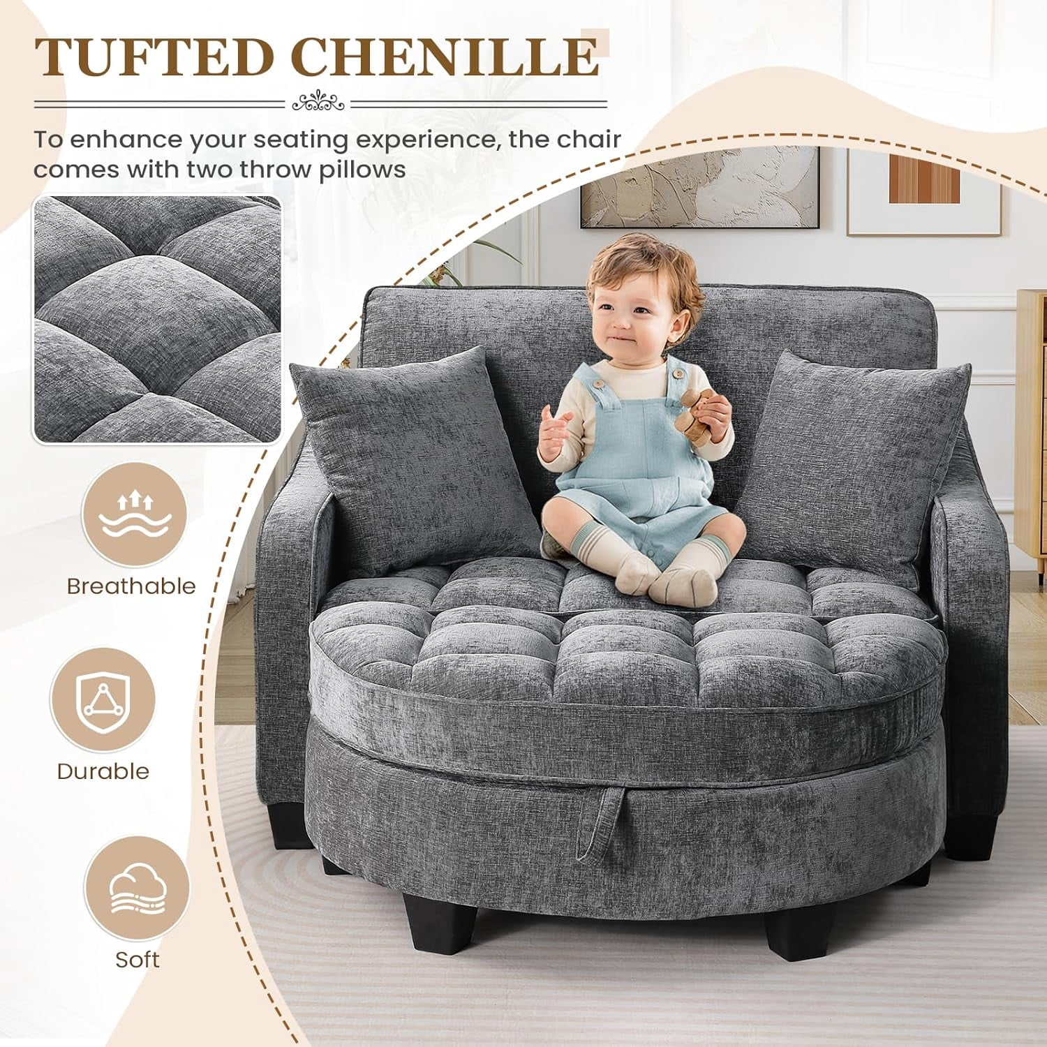 MOONMISS Oversized Chair and A Half, Chenille Tufting Accent Cozy Reading Sofa Chair with Storage Ottoman, Upholstered Loveseat Chaise Lounge Sofa with Adjustable Back for Living Room,Gray