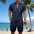 thumbnail image 2 of Eryao Big and Tall Men's Beach Sets 2 Piece Short Sleeve Lace V Neck Shirts Matching Athletic Shorts with Pockets Summer Vacation Lounge Outfits,Navy,M, 2 of 9