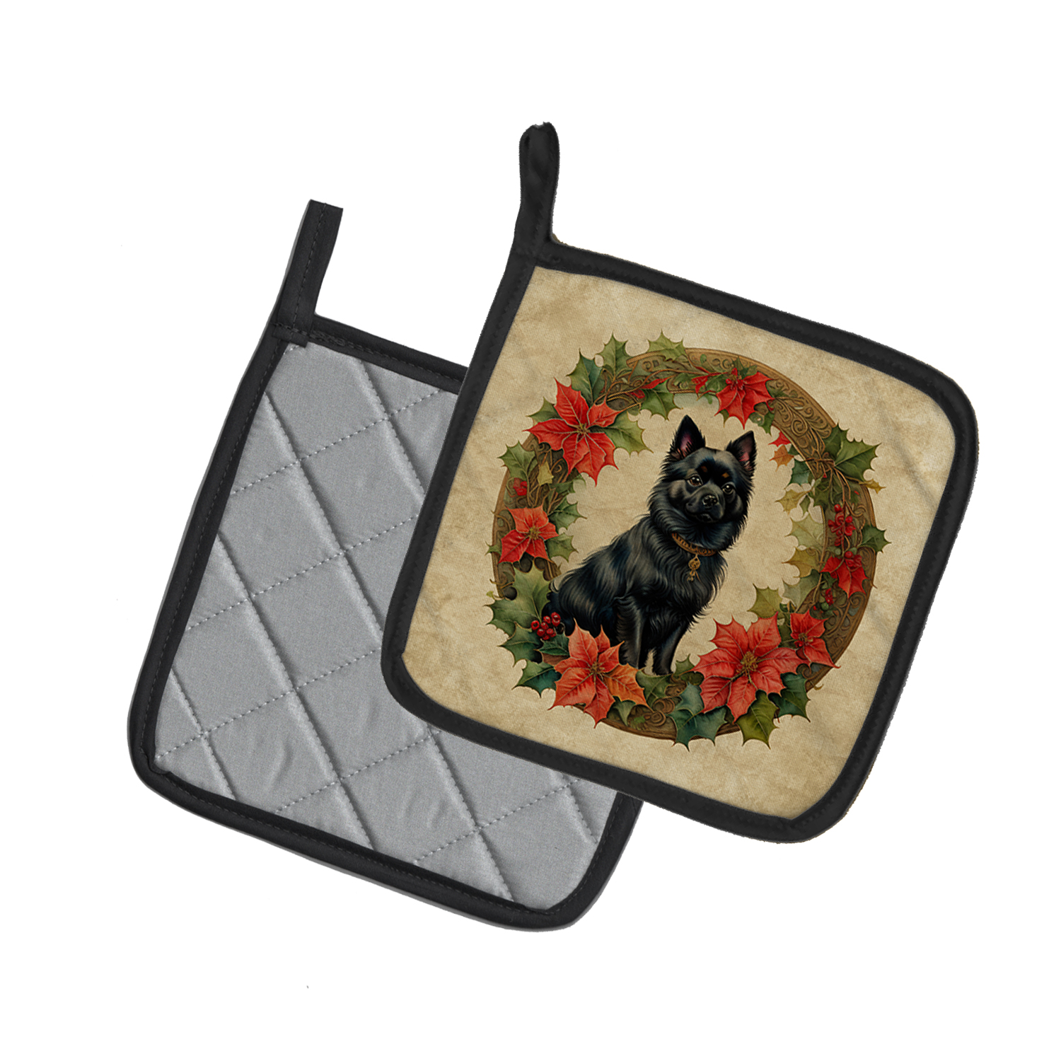 German Spitz Christmas Flowers Pair of Pot Holders 7.5 in x 7.5 in
