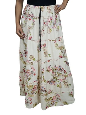 Mogul Womens White Beautiful Floral Print Long Skirt Hippie Chic Gypsy Boho Cotton Blend Maxi Skirts