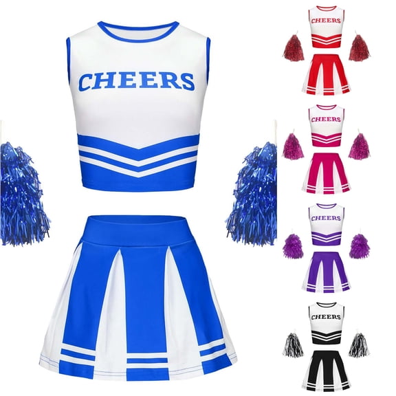 JCCXIN Girls Outfit Sets Cheerleading Uniform With Handflowers Set Summer Tank Top And Pleated Skirt Letter Graphic Crew Neck Sports Meet Sweet Cheer Team Clothes,Blue,9-10 Years