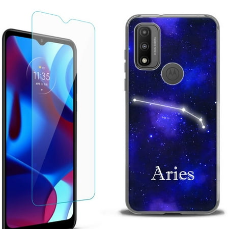 Slim-Fit Protective Phone Case (Black) compatible with Motorola Moto G Pure 5G with Tempered Glass Screen Protector by OneToughShield ® - Zodiac / Aries