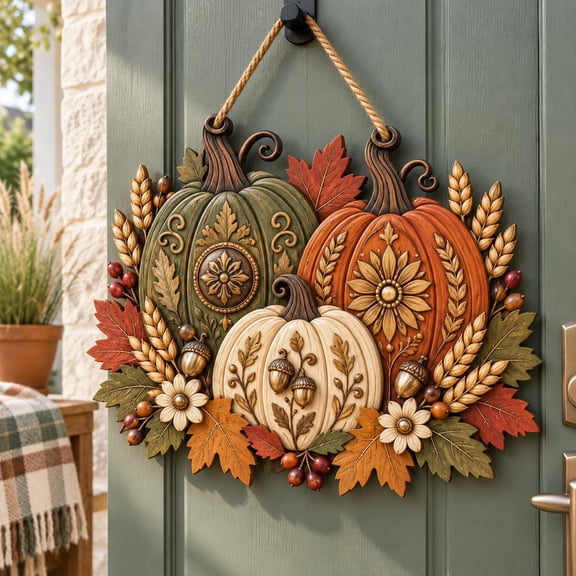 Wooden Door Hanger Autumn Pumpkin Floral Wreath Front Door Decor Thanksgiving
