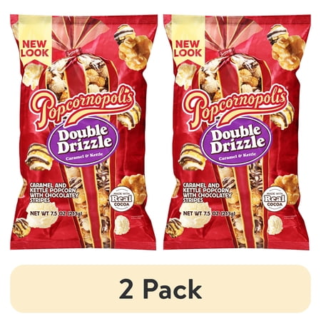 (2 pack) Popcornopolis Double Drizzle 7.5 oz Bag, Caramel and Kettle with Chocolatey Stripes Popcorn