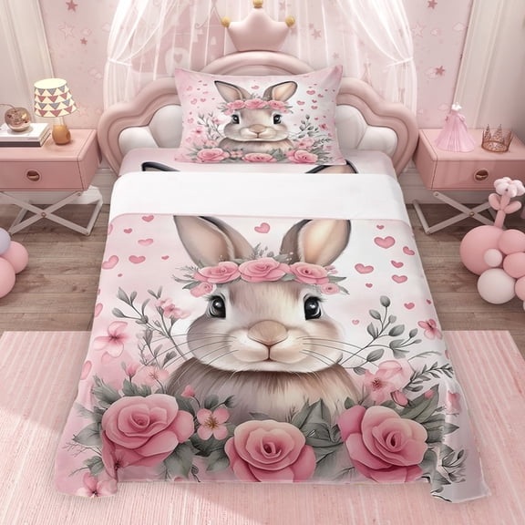 Erosebridal Happy Easter Rabbit Twin Sheet Sets for Girls, Pink Flower Bedding, 1 Flat Sheet 1 Fitted Sheet and 1 Pillowcase, 3 Pieces