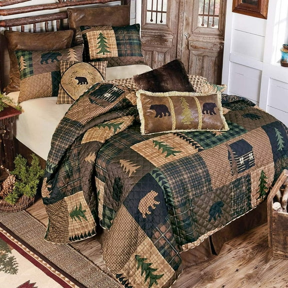 Black Bear & Pines Quilt Bed Set - King Size Rustic Wholecloth Quilt with Plaid Prints and Lodge Icons