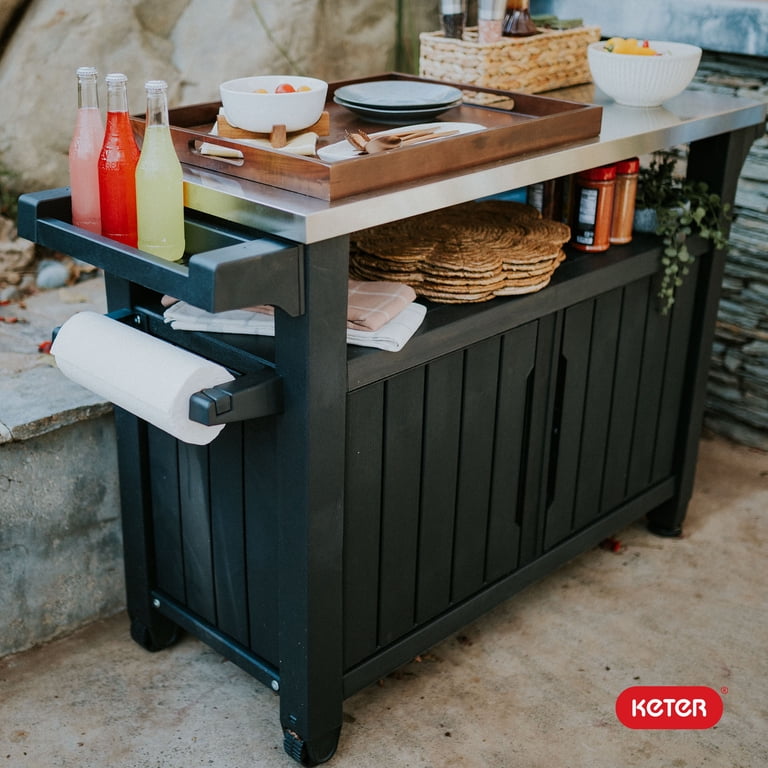 Keter Unity XL Outdoor Rolling Bar Cart with Storage Cabinet