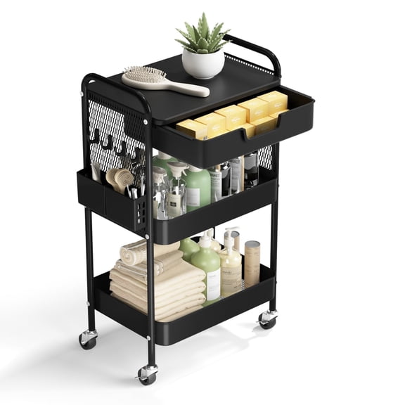 LUCKUP 3 Tier Rolling Cart with Drawer, Metal Rolling Utility Cart on Wheels with Pegboard, Art Cart Storage Organizer with Tabletop for Living Room, Office, Bedroom (Black)