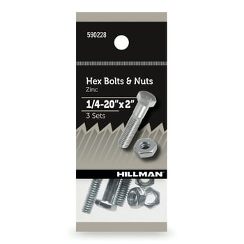 Hillman Hex Bolts and Nuts, Grade 2 Steel, Zinc, 1/4-20" x 2", 3 Sets
