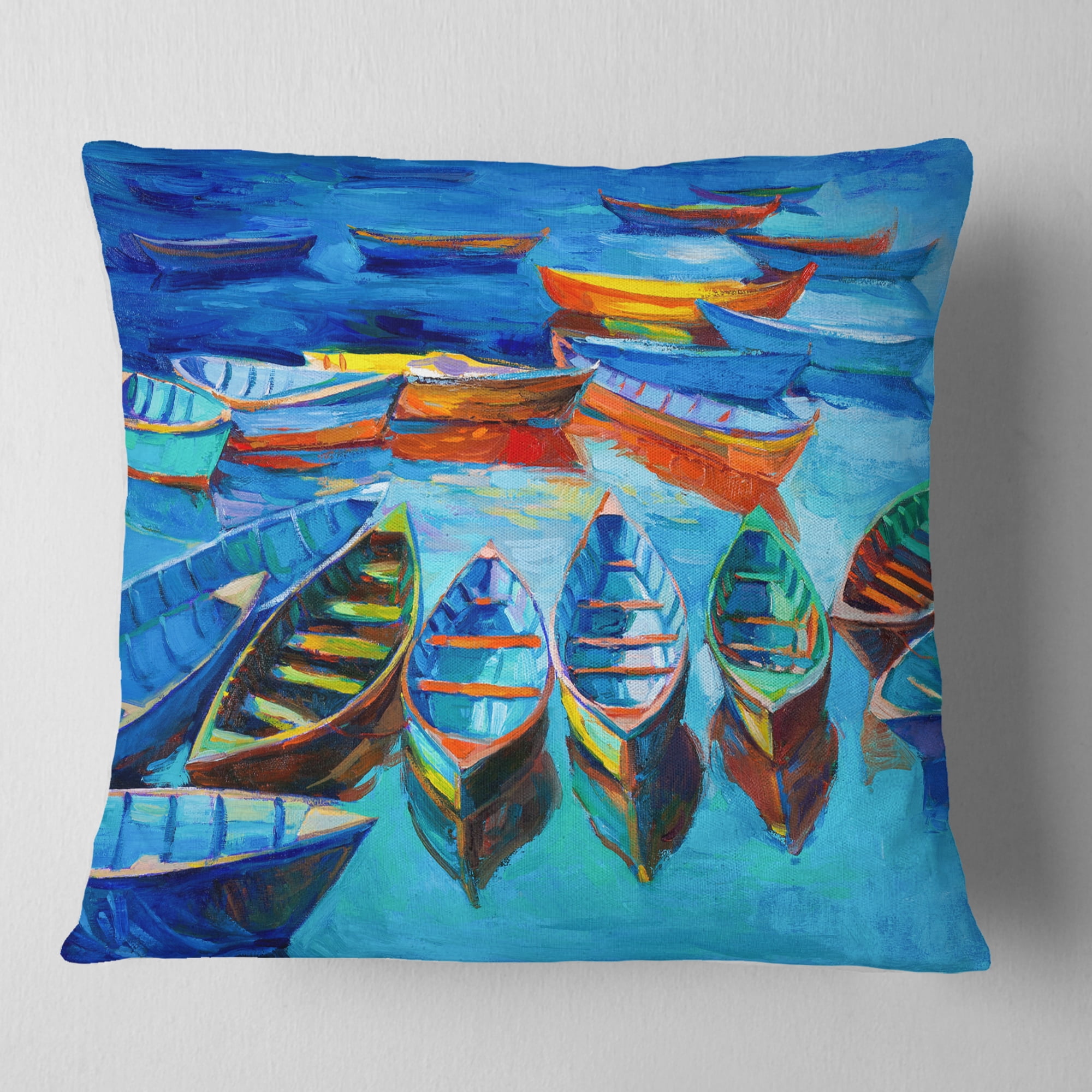 Designart Boats in Blue Sea - Seascape Throw Pillow - 16x16