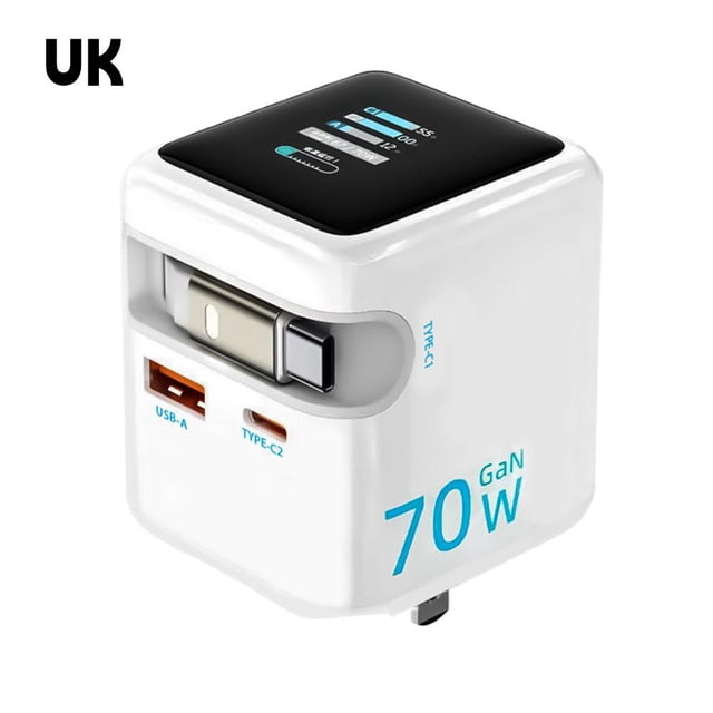 2026 AI Smart 70W GaN Fast Charger with Built-in 2.7ft Retractable USB-C Cable, TFT Touch Screen Power Display, 3-Port PD Desktop Charging Station for iPhone, MacBook, iPad - Black (US Plug)