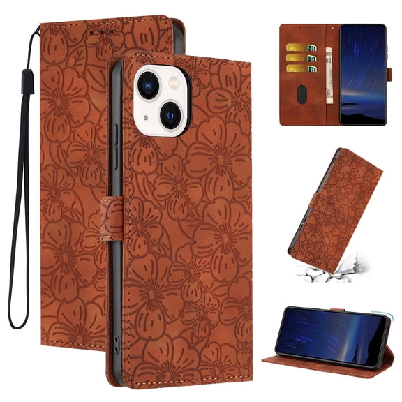 Wallet Case for iPhone 14 Plus, Embossed PU Leather Magnetic Clasp Flip Purse Phone Case with Credit Card Holder & Cash Slot & Stand, Flower Pattern Shockproof Cover for iPhone 14 Plus, Brown
