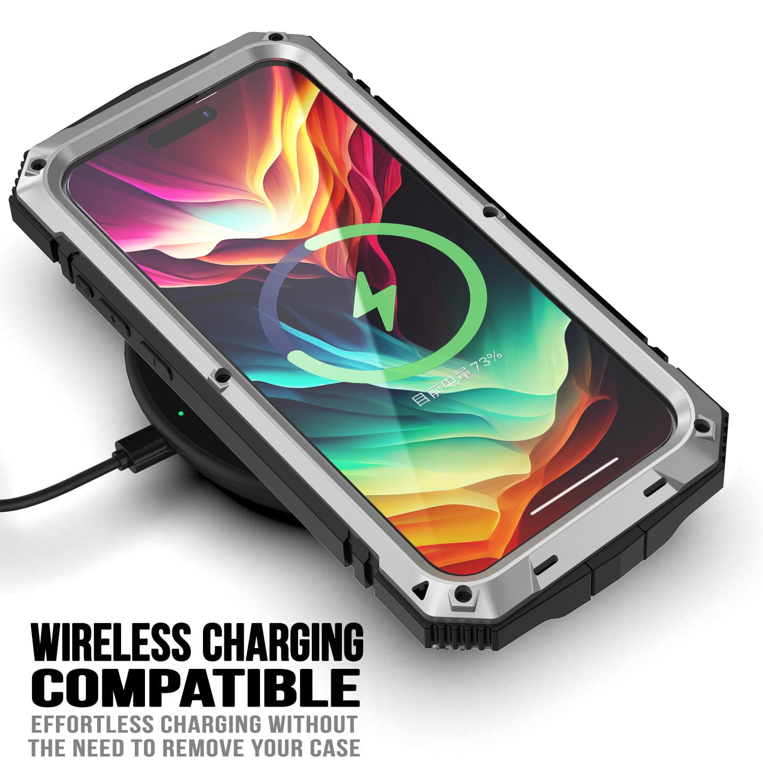 Dteck for iPhone 15 Pro Case,Outdoor Sports Military Heavy Duty Metal Cover Shockproof Dustproof Full Body Case with Built in Tempered Glass Screen Protector Hybrid Kickstand Cover, Silver