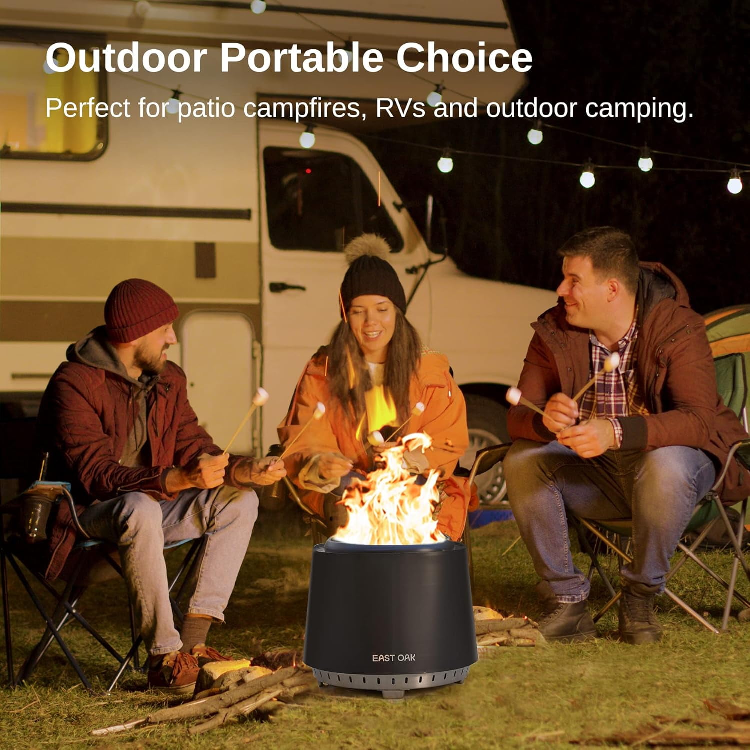 East Oak Stainless Steel Fire Pit 17" Low Smoke Fire Pits for Outside with Poker, Black