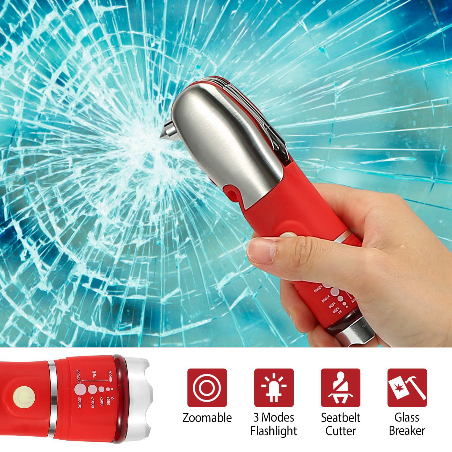 iMounTEK 8 in 1 Multi Hammer Zoomable LED Flashlight Emergency Auto Escape Tool with Glass Breaker Seatbelt Cutter Scissors Screwdriver Opener