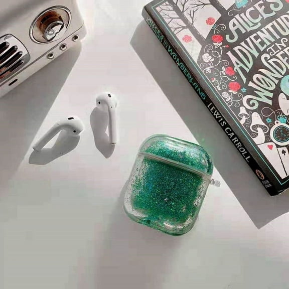 Cute Liquid Glitter Full Cover (Green) Case   Keychain Clip For Apple AirPods 1/2