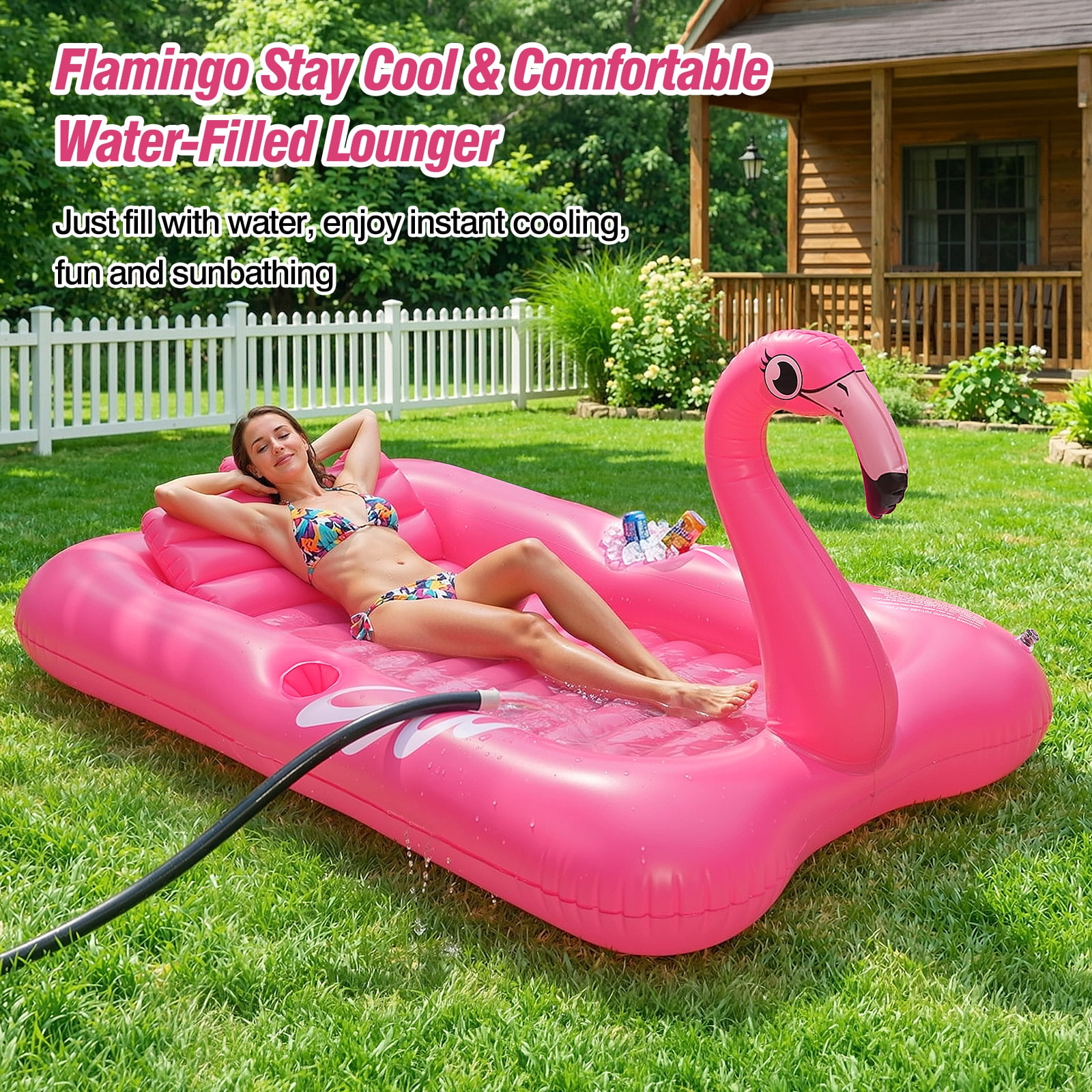MoKo Flamingo Inflatable Tanning Pool Lounger, 83x50 Inch Blow Up Tanning Bed with Pillow & Cup & Snack Holder, Layout Sunbathing Pool Floats for Backyard Lake Beach River Party, Magenta