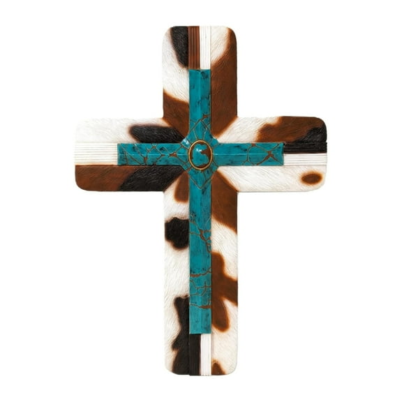 Southwest  Inspired Turquoise Cross on Cowhide - Rustic Faux Turquoise Gem, Spiritual and Inspirational Wall Art Décor for Home, Office, or Gift - Decorative Religious Cross