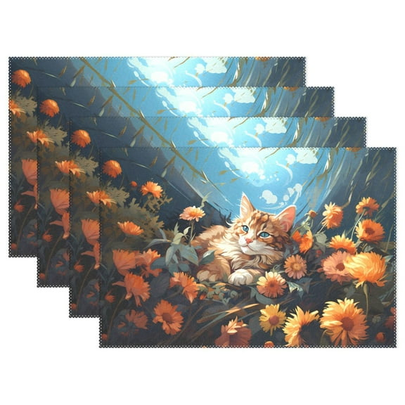 Flowers Sky Cat 12×18 inch Placemats Heat Resistant Washable Foldable Rectangular Placemats Set Decoration Indoor Outdoor for Kitchen Dining Table 1PC