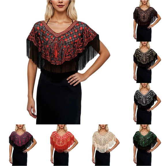 TIANZEN Elegant Fringe Sequin Shawl Wrap For Evening Gown Party Dress Formal Occasion And Wedding Light Shawl