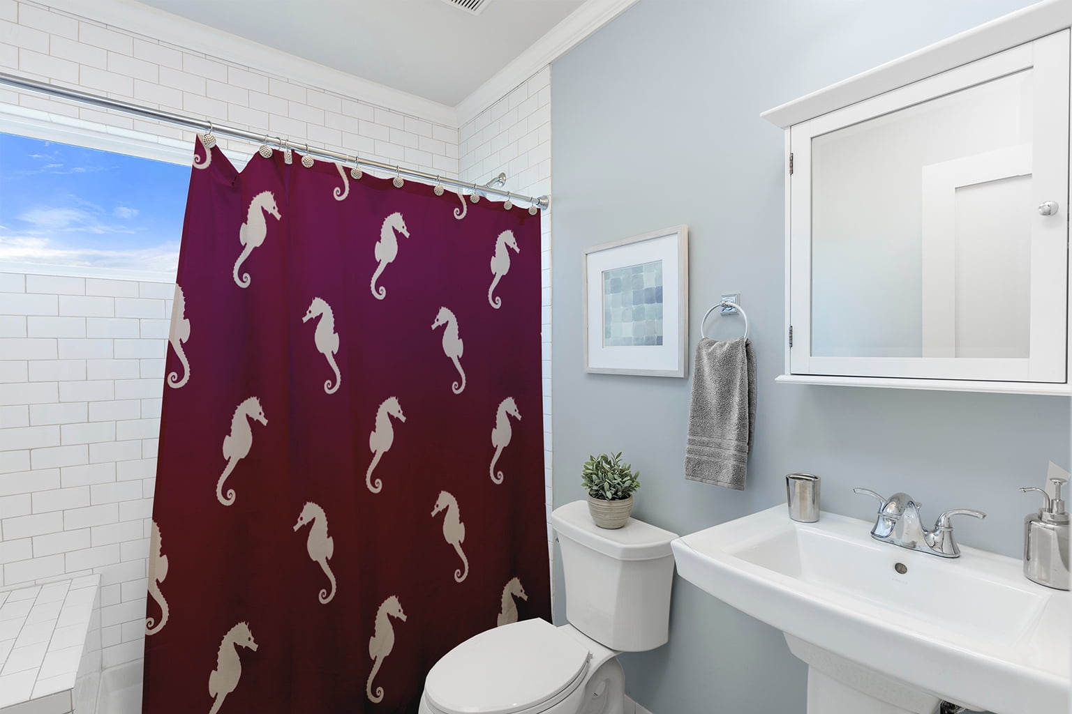 Simply Daisy 70" W x 73" L Sea Horses Polyester Shower Curtain, Maroon Red [1 Ct]