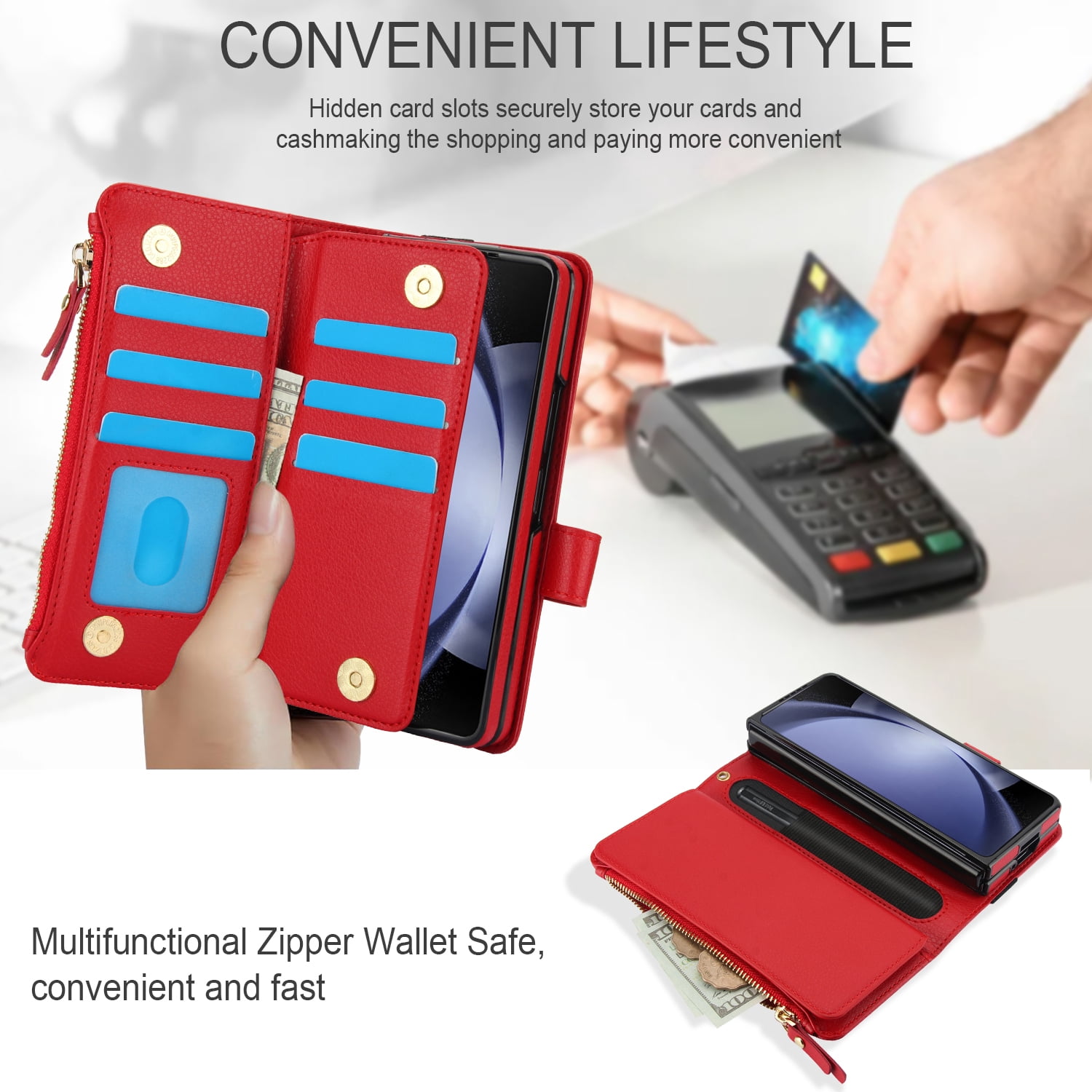 Allytechgroup for Samsung Galaxy Z Fold 7 Case Wallet, 7 Cards Slots Cash Zipper Pocket S Pen Holder Hand Strap Wrist Flip Cover Protective Phone Case for Samsung Galaxy Z Fold 7,Red