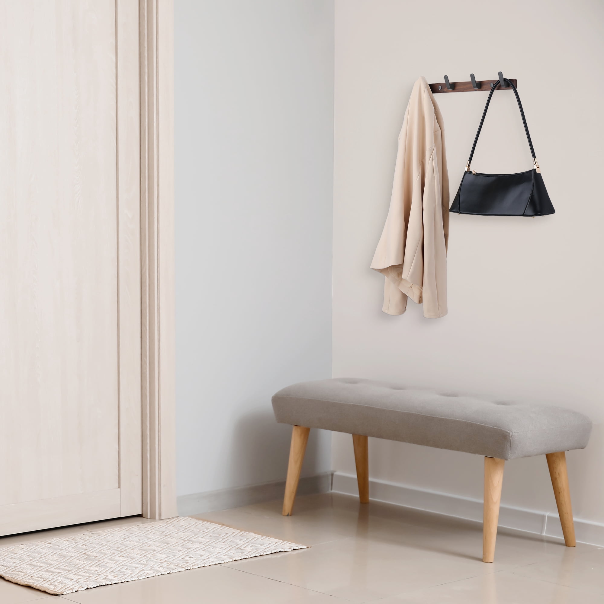 Unique Bargains Coat Rack Wall Mount Metal Wood Coat Hook for Hanging with 4 Hooks Gray