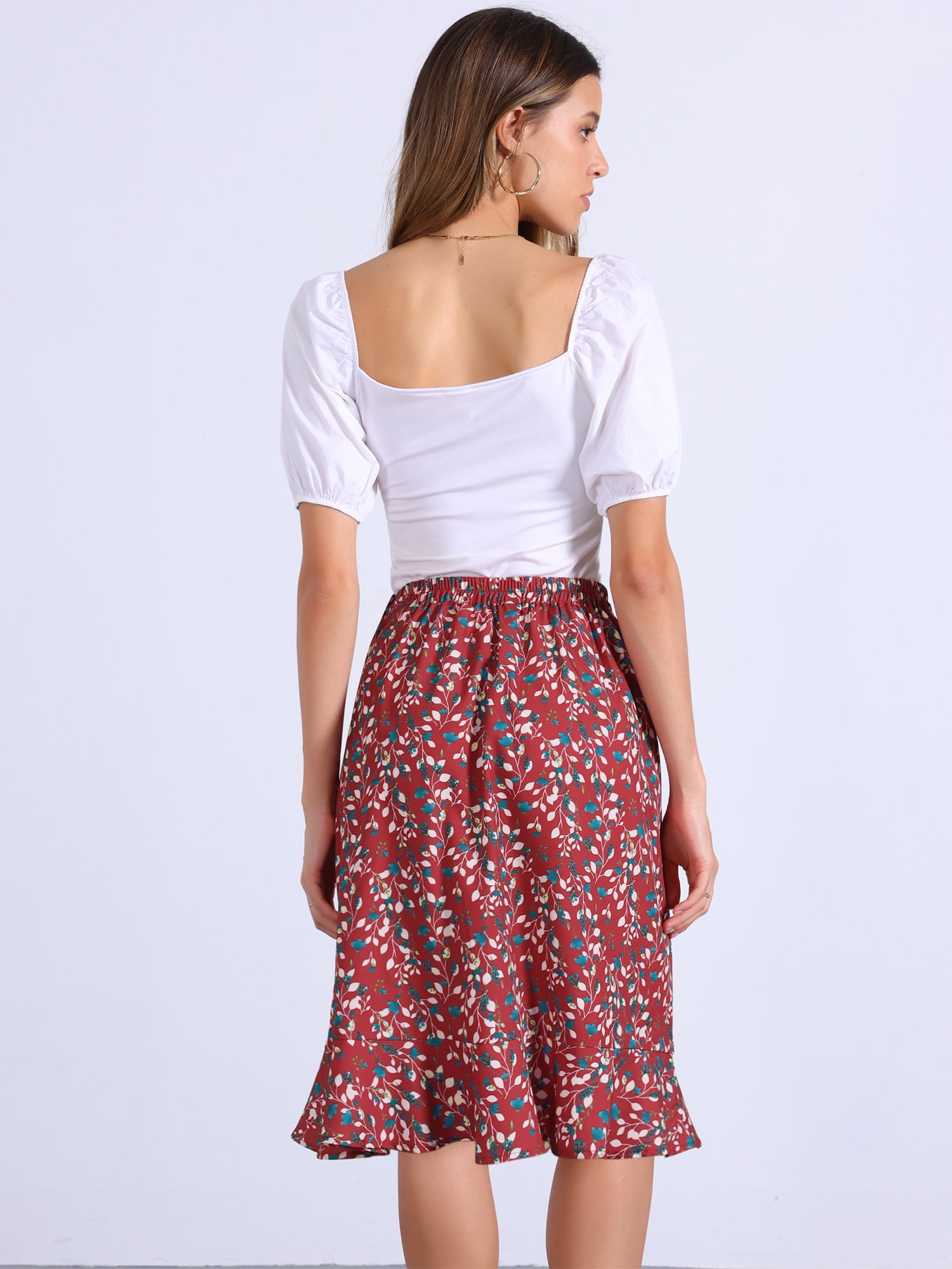 DARING DIVA Women's Floral Ruffle High Waist Flowy A-Line Skirt XL Dark Red