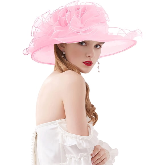 RZTA Sombrero de vestir de iglesia Kentucky Derby para mujer, ala ancha, flor de hoja, sombrero de despedida de soltera