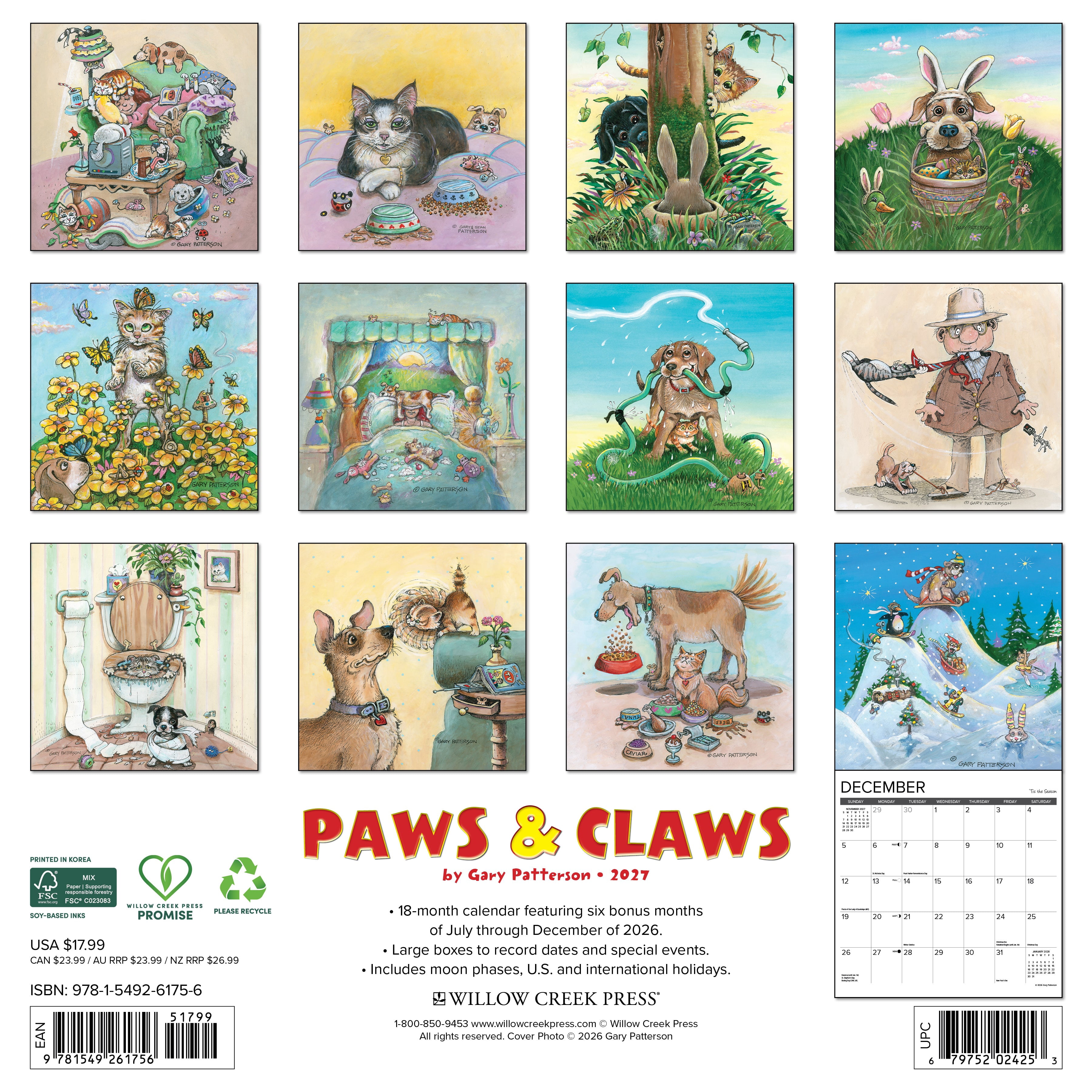 Willow Creek Press, Paws & Claws by Gary Patterson 2027 Wall Calendar