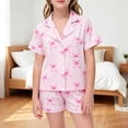 thumbnail image 2 of RMGVDSD Girls Summer Clothes Set Girls Summer Sleepwear Bow Print Pajamas Short Sleeve Button Down Shirt And Shorts Loungewear Two Piece Outfit 12-13 Years, 2 of 4