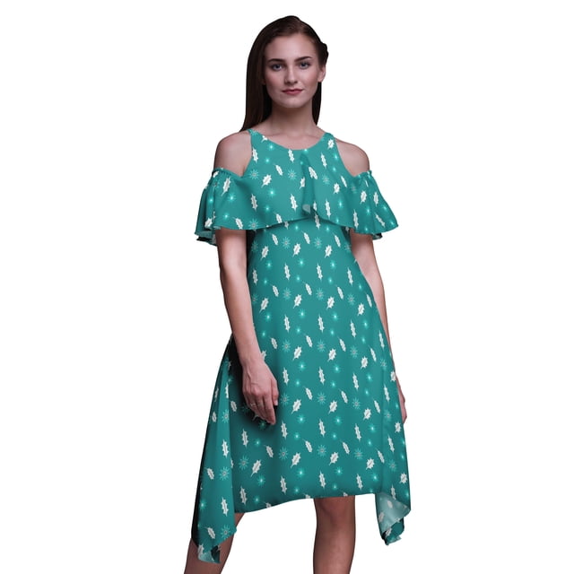 Bimba Tunique à Épaules Dénudées Imprimée Feuilles Vertes pour Femmes Robe de Soirée Col Rond - TTTG